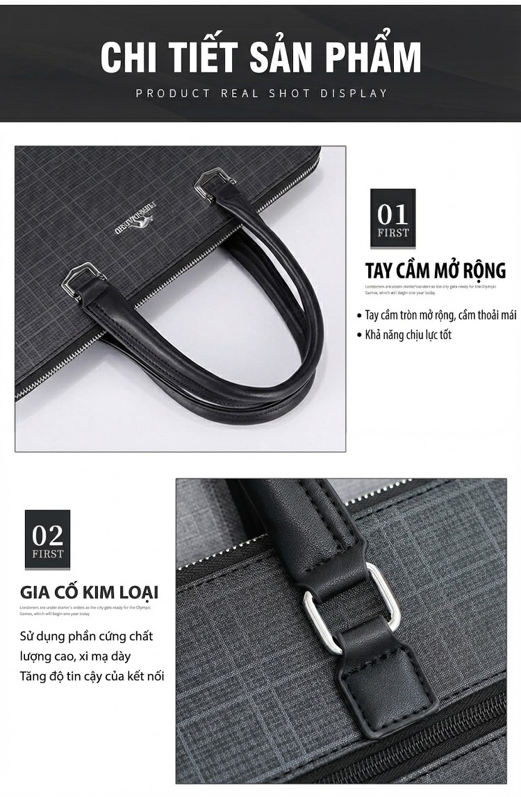 Túi Xách Tay Nam Công Sở PVC Chống Nước Đựng Laptop Có Dây Đeo Chéo Màu Xám, Xanh Navy chi tiết 5