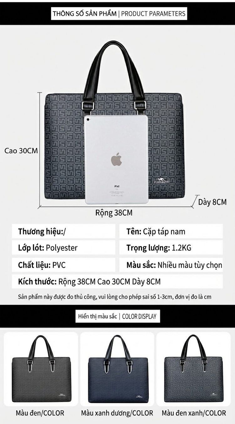 Túi Xách Tay Nam Công Sở Vải Dệt Đeo Chéo Đựng Laptop Màu Xám Đen chi tiết 4