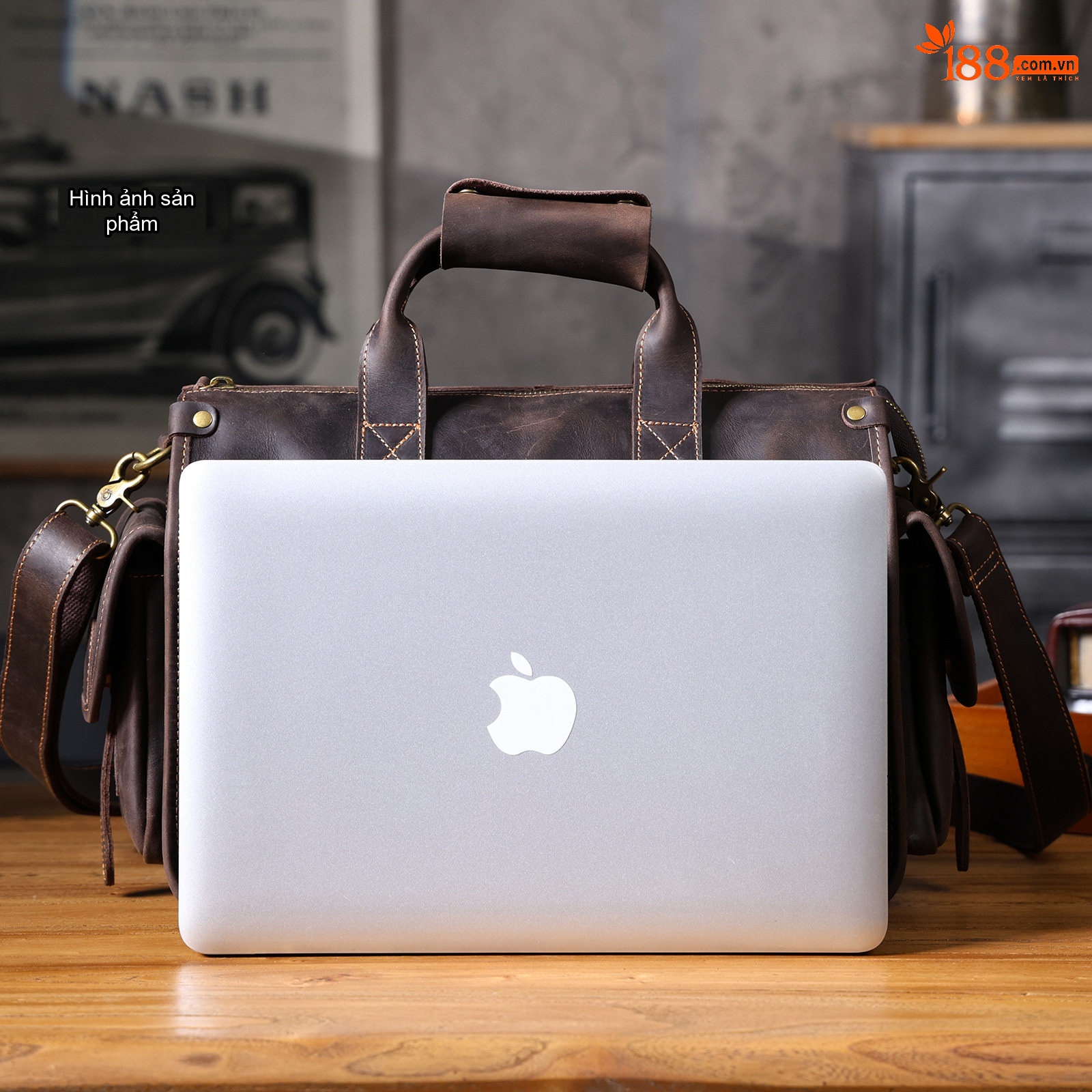 Túi Xách Tay Nam Da Bò Cổ Điển Đựng Laptop Màu Nâu