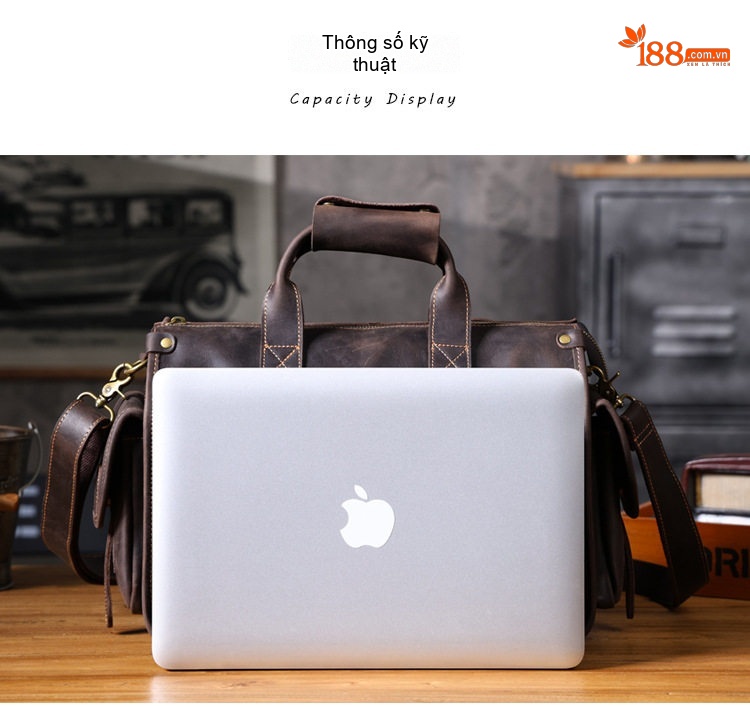 Túi Xách Tay Nam Da Bò Cổ Điển Đựng Laptop Màu Nâu chi tiết 3