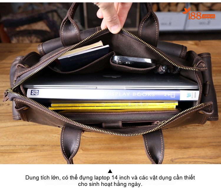 Túi Xách Tay Nam Da Bò Cổ Điển Đựng Laptop Màu Nâu chi tiết 5