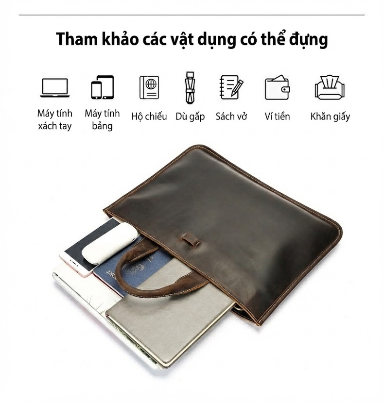 Túi Xách Tay Nam Da Bò Cổ Điển Đựng Laptop Màu Nâu, Đen chi tiết 15