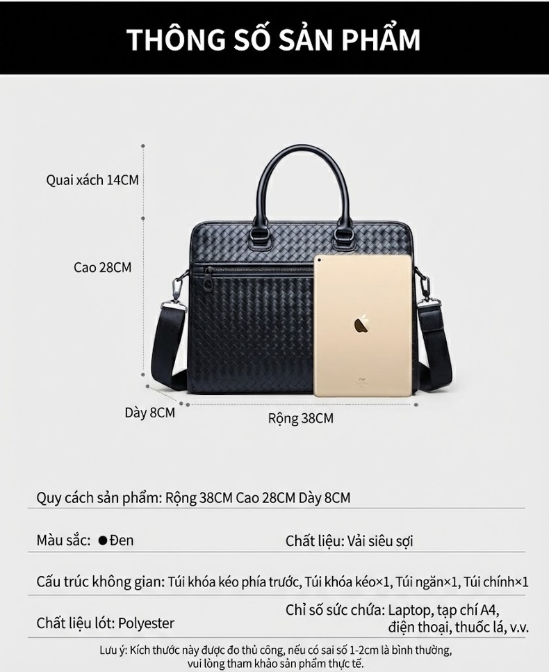 Túi Xách Tay Nam Da Bò Công Sở Đan Chéo Đeo Chéo Màu Đen chi tiết 3