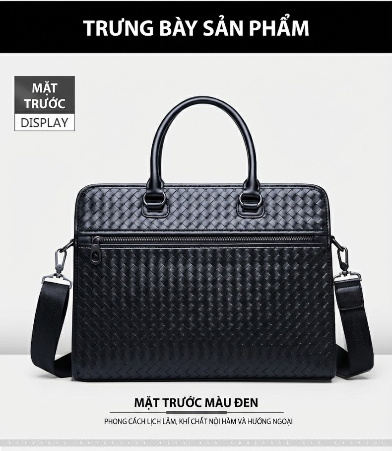 Túi Xách Tay Nam Da Bò Công Sở Đan Chéo Đeo Chéo Màu Đen chi tiết 16