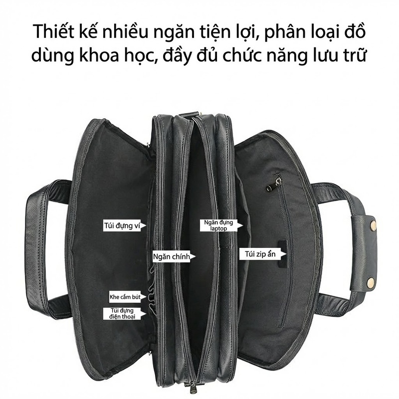 Túi Xách Tay Nam Da Bò Công Sở Đựng Laptop 15.6 Inch Nhiều Ngăn Màu Đen