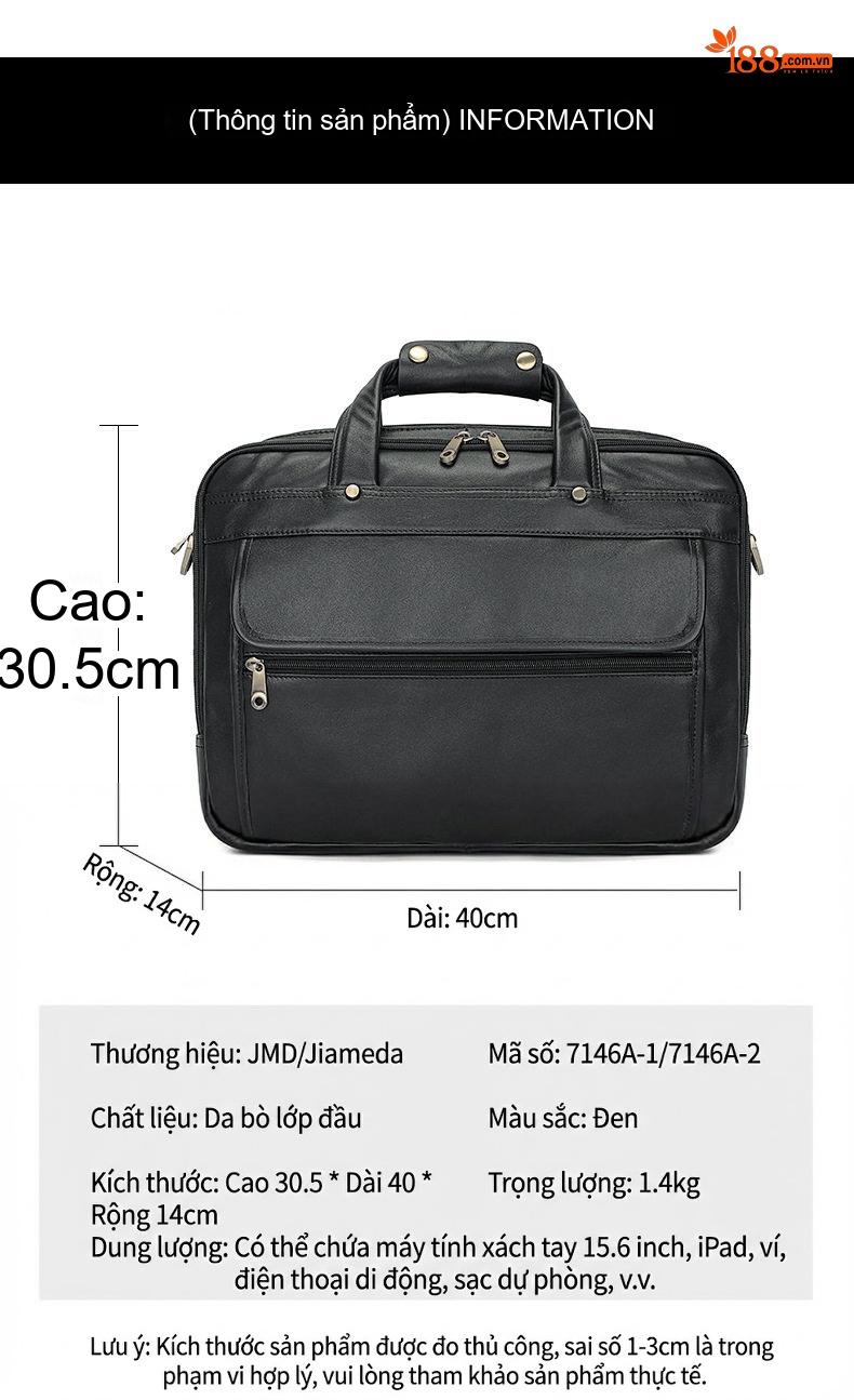 Túi Xách Tay Nam Da Bò Công Sở Đựng Laptop 15.6 Inch Nhiều Ngăn Màu Đen chi tiết 8