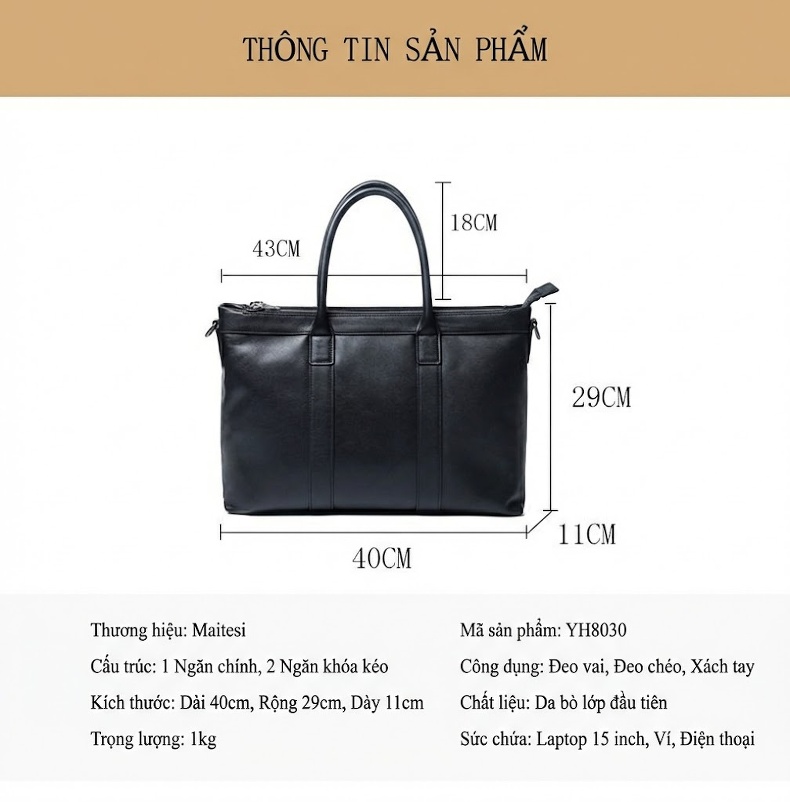 Túi Xách Tay Nam Da Bò Công Sở Đựng Laptop 15 Inch Màu Đen chi tiết 9