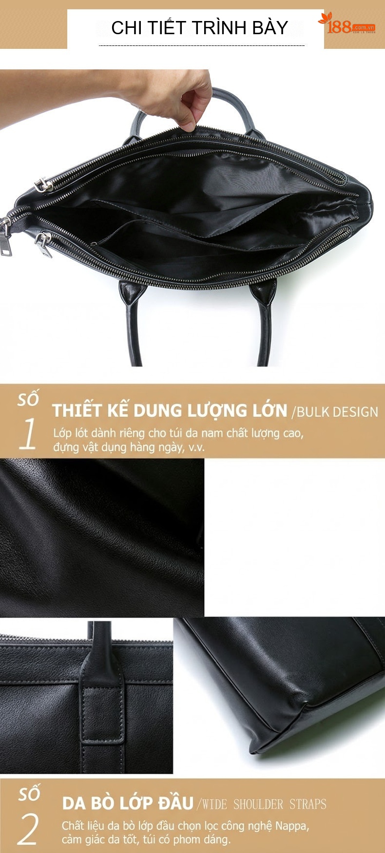 Túi Xách Tay Nam Da Bò Công Sở Đựng Laptop 15 Inch Màu Đen chi tiết 14