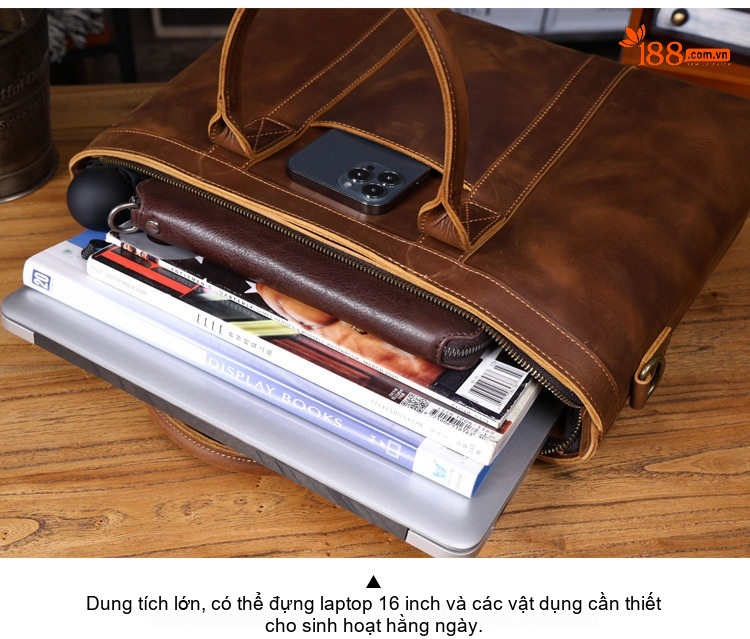 Túi Xách Tay Nam Da Bò Công Sở Đựng Laptop Retro chi tiết 12