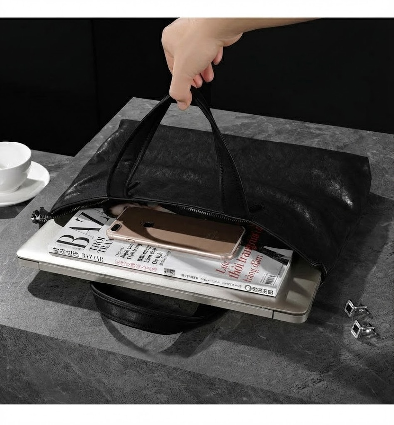 Túi Xách Tay Nam Da Bò Công Sở Đựng Laptop Sức Chứa Lớn Màu Đen chi tiết 7