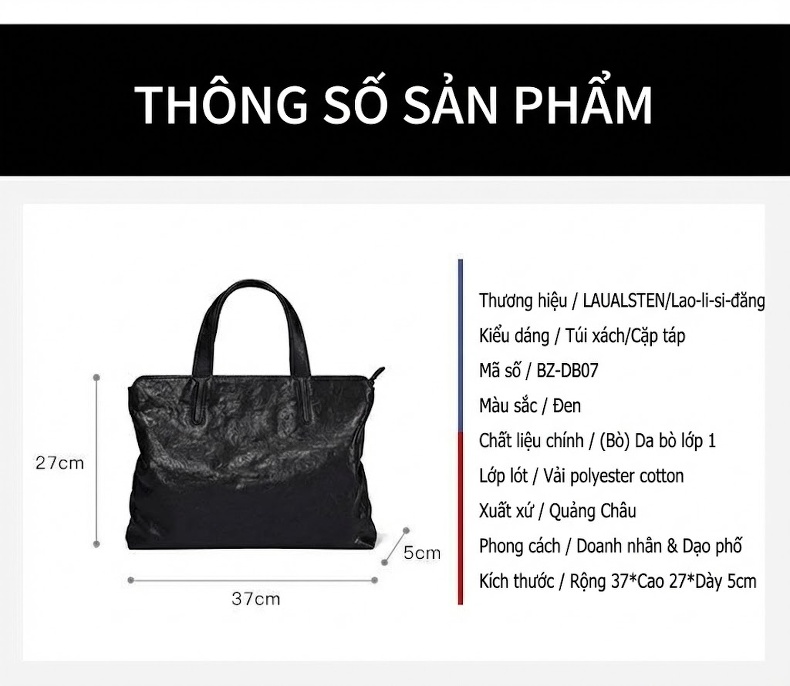 Túi Xách Tay Nam Da Bò Công Sở Đựng Laptop Sức Chứa Lớn Màu Đen chi tiết 8
