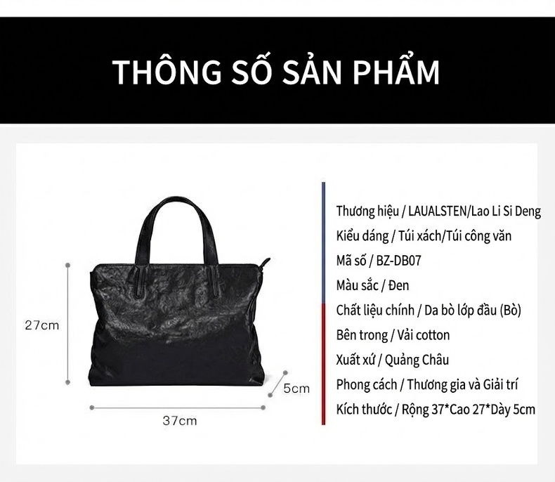 Túi Xách Tay Nam Da Bò Công Sở Đựng Laptop Sức Chứa Lớn Màu Đen chi tiết 23