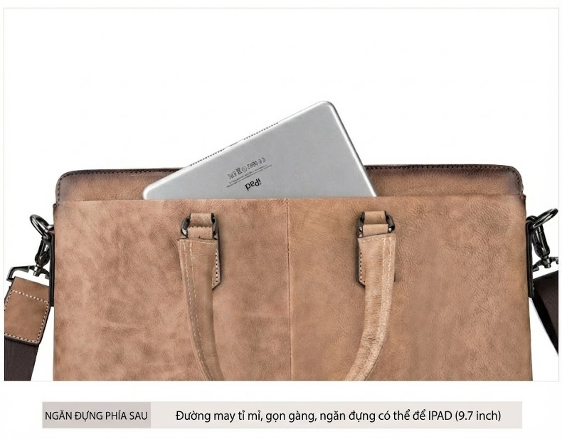 Túi Xách Tay Nam Da Bò Công Sở Đựng Laptop, Túi Đeo Chéo Nam Da Bò Dáng Retro Màu Nâu, Xám Xanh chi tiết 24