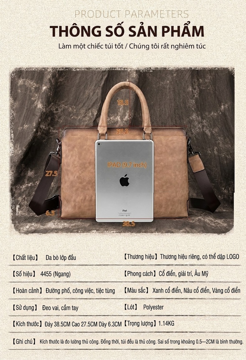 Túi Xách Tay Nam Da Bò Công Sở Đựng Laptop, Túi Đeo Chéo Nam Da Bò Dáng Retro Màu Nâu, Xám Xanh chi tiết 4