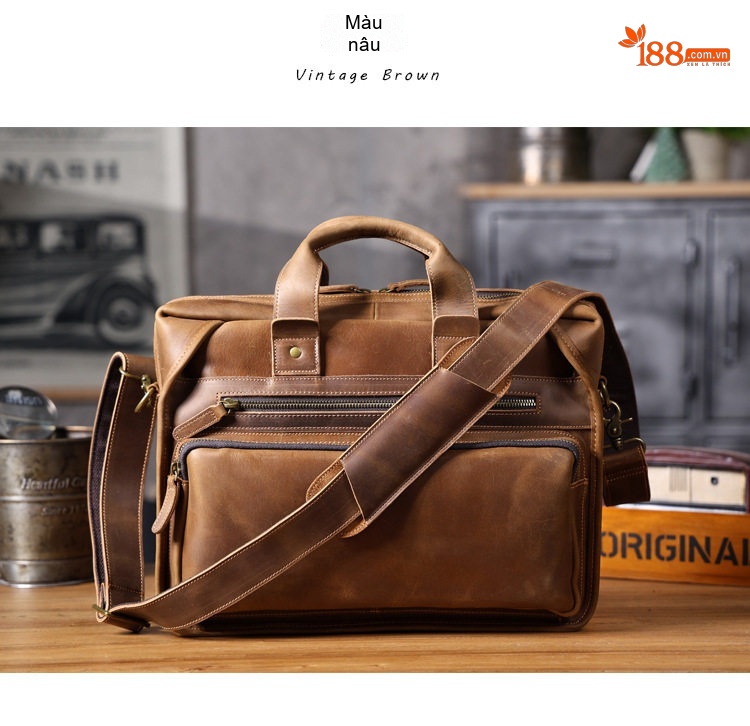 Túi Xách Tay Nam Da Bò Công Sở Đựng Laptop Vintage Màu Nâu chi tiết 21
