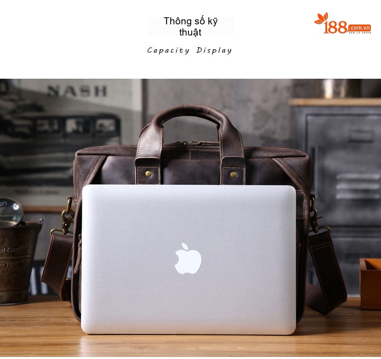 Túi Xách Tay Nam Da Bò Công Sở Đựng Laptop Vintage Màu Nâu chi tiết 10