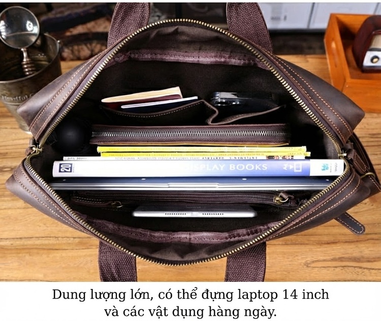 Túi Xách Tay Nam Da Bò Công Sở Đựng Laptop Vintage Màu Nâu chi tiết 12