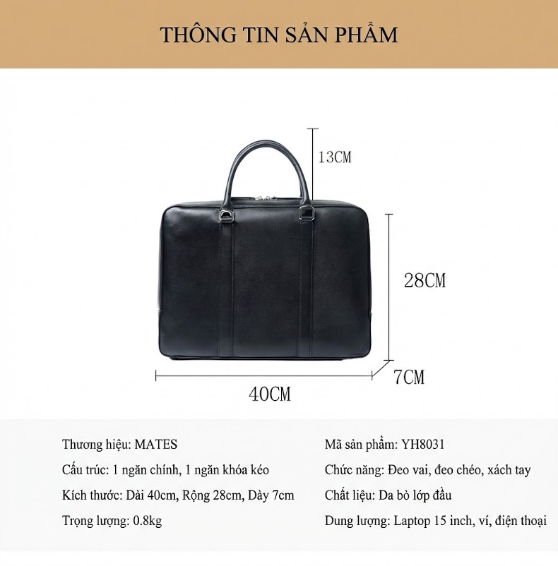 Túi Xách Tay Nam Da Bò Công Sở Đựng Tài Liệu Laptop Chữ Nhật Màu Đen chi tiết 9