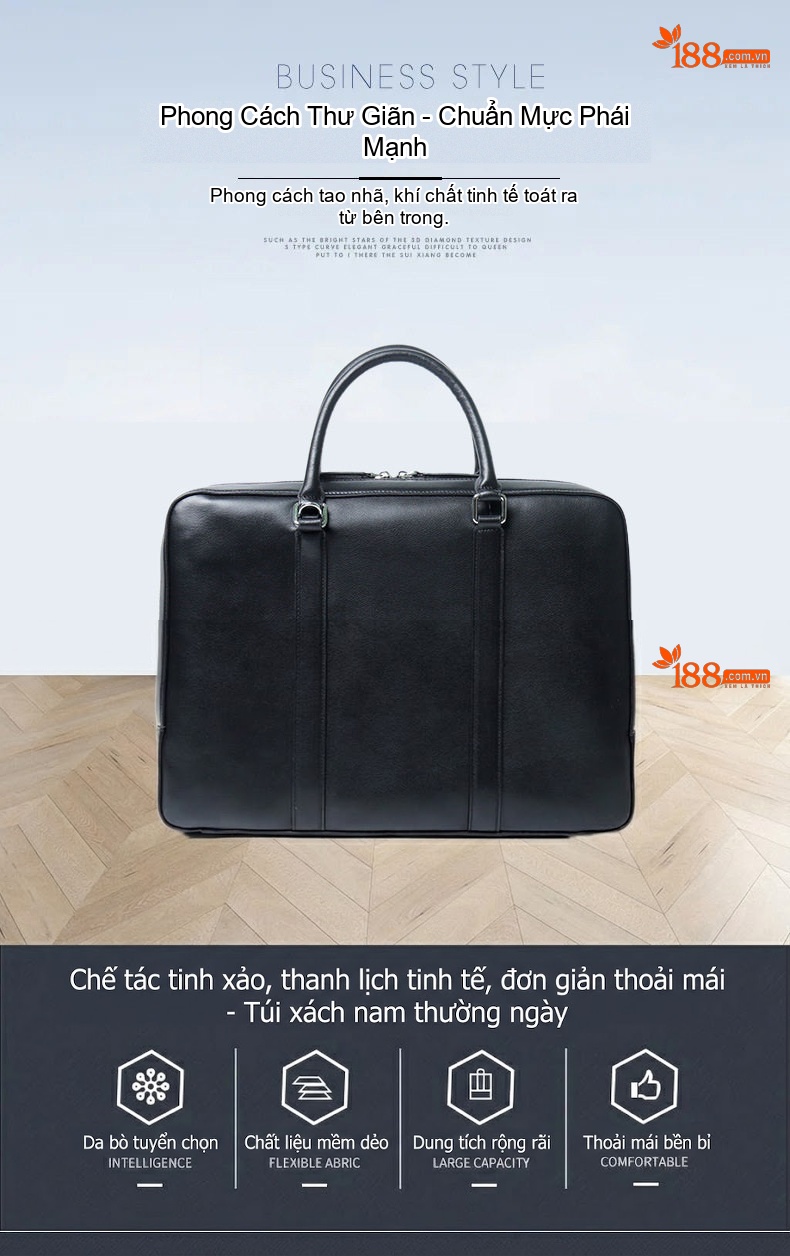 Túi Xách Tay Nam Da Bò Công Sở Đựng Tài Liệu Laptop Chữ Nhật Màu Đen chi tiết 1