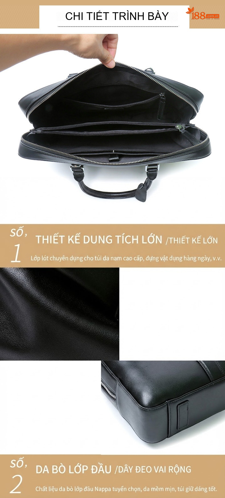 Túi Xách Tay Nam Da Bò Công Sở Đựng Tài Liệu Laptop Chữ Nhật Màu Đen chi tiết 14