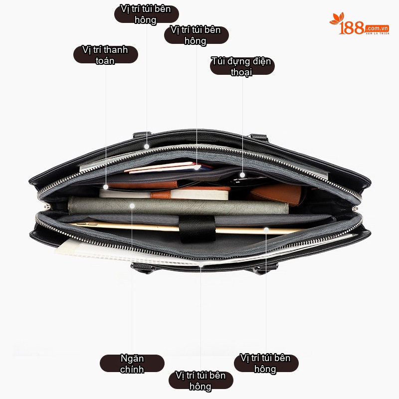 Túi Xách Tay Nam Da Bò Công Sở Đựng Tài Liệu, Laptop Màu Đen