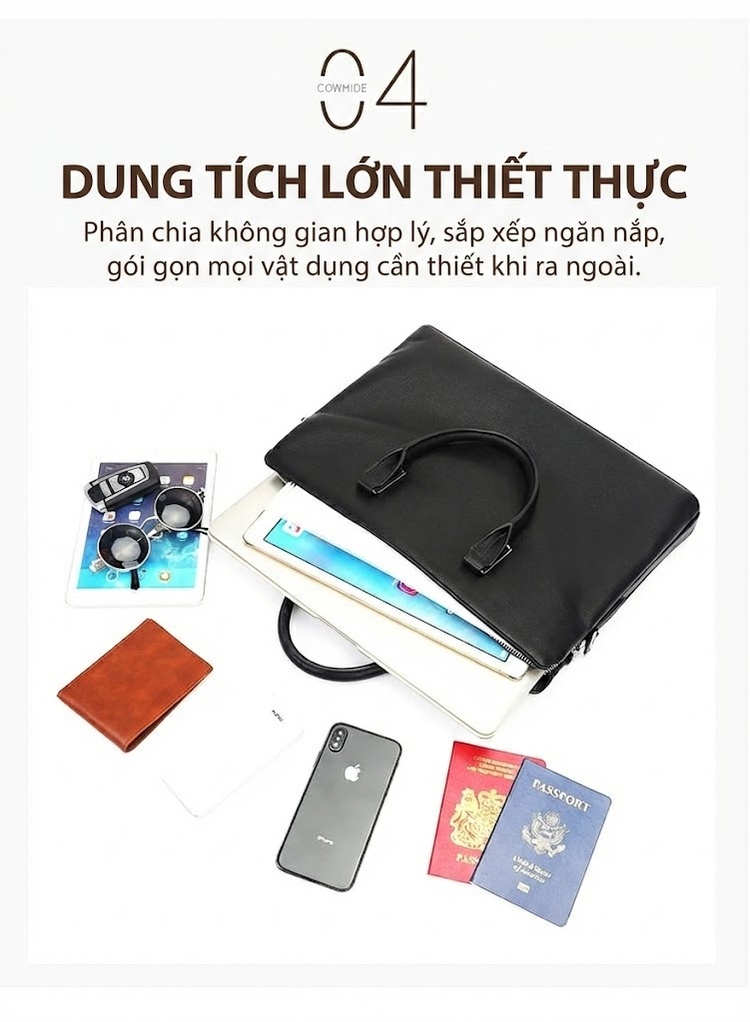 Túi Xách Tay Nam Da Bò Công Sở Đựng Tài Liệu, Laptop Màu Đen chi tiết 9