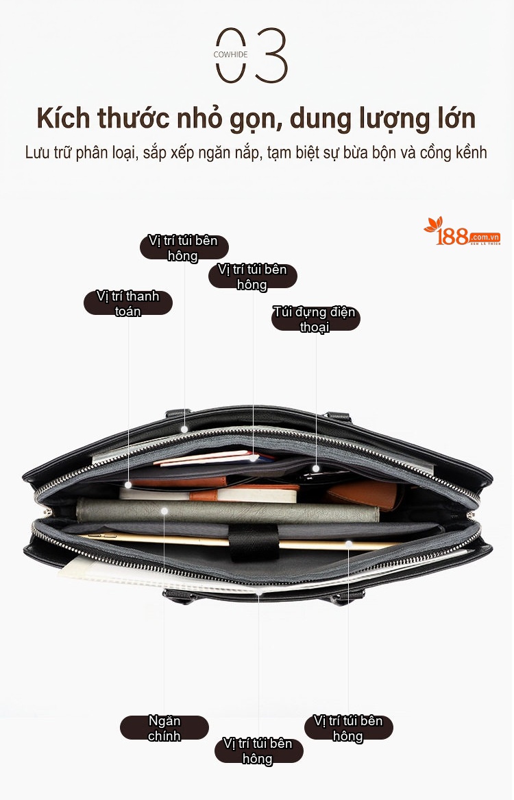 Túi Xách Tay Nam Da Bò Công Sở Đựng Tài Liệu, Laptop Màu Đen chi tiết 7