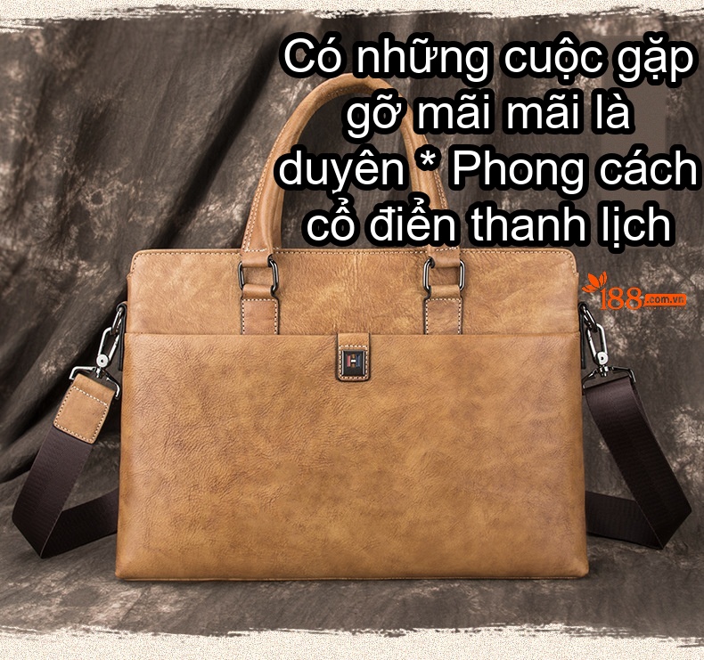 Túi Xách Tay Nam Da Bò Công Sở Khổ Ngang Đeo Vai Màu Nâu, Vàng chi tiết 1