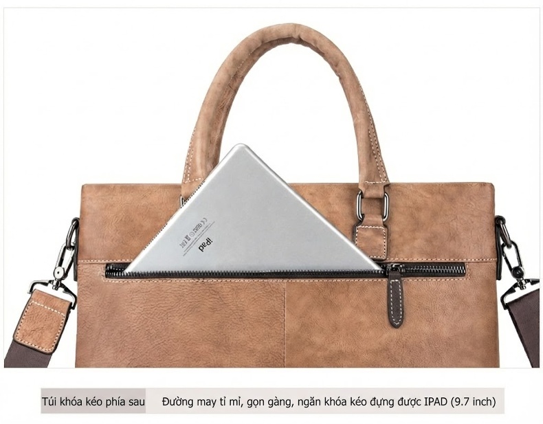 Túi Xách Tay Nam Da Bò Công Sở Retro Đựng Laptop Có Dây Đeo Màu Nâu, Xanh Navy chi tiết 22
