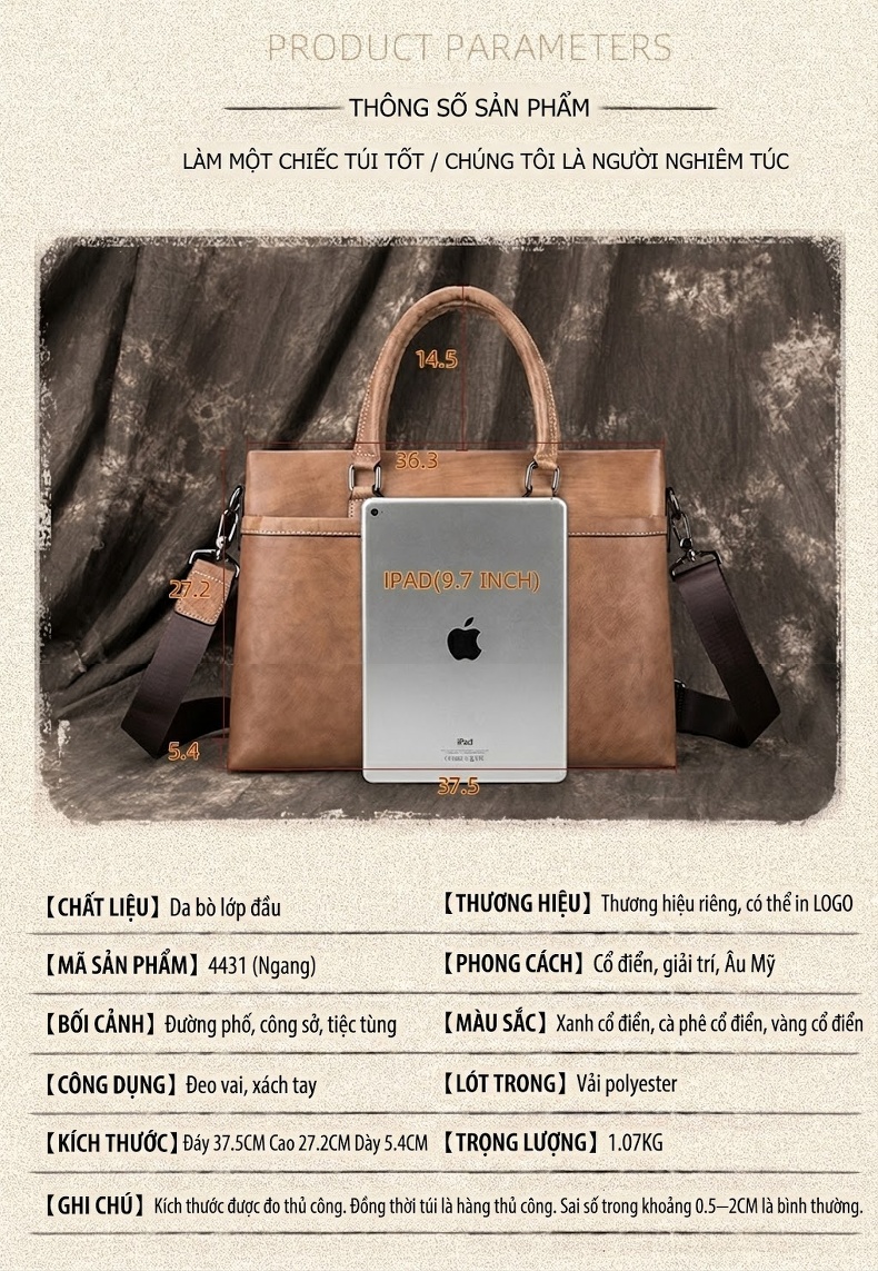 Túi Xách Tay Nam Da Bò Công Sở Retro Đựng Laptop Có Dây Đeo Màu Nâu, Xanh Navy chi tiết 4