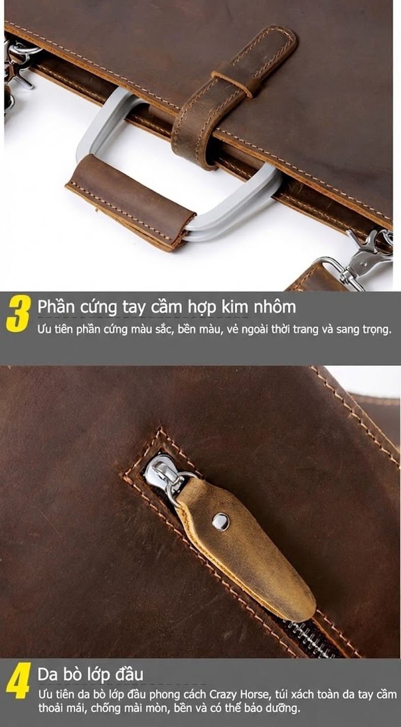 Túi Xách Tay Nam Da Bò Dáng Ngang Đựng Tài Liệu Công Sở Có Dây Đeo Chéo Màu Nâu chi tiết 19
