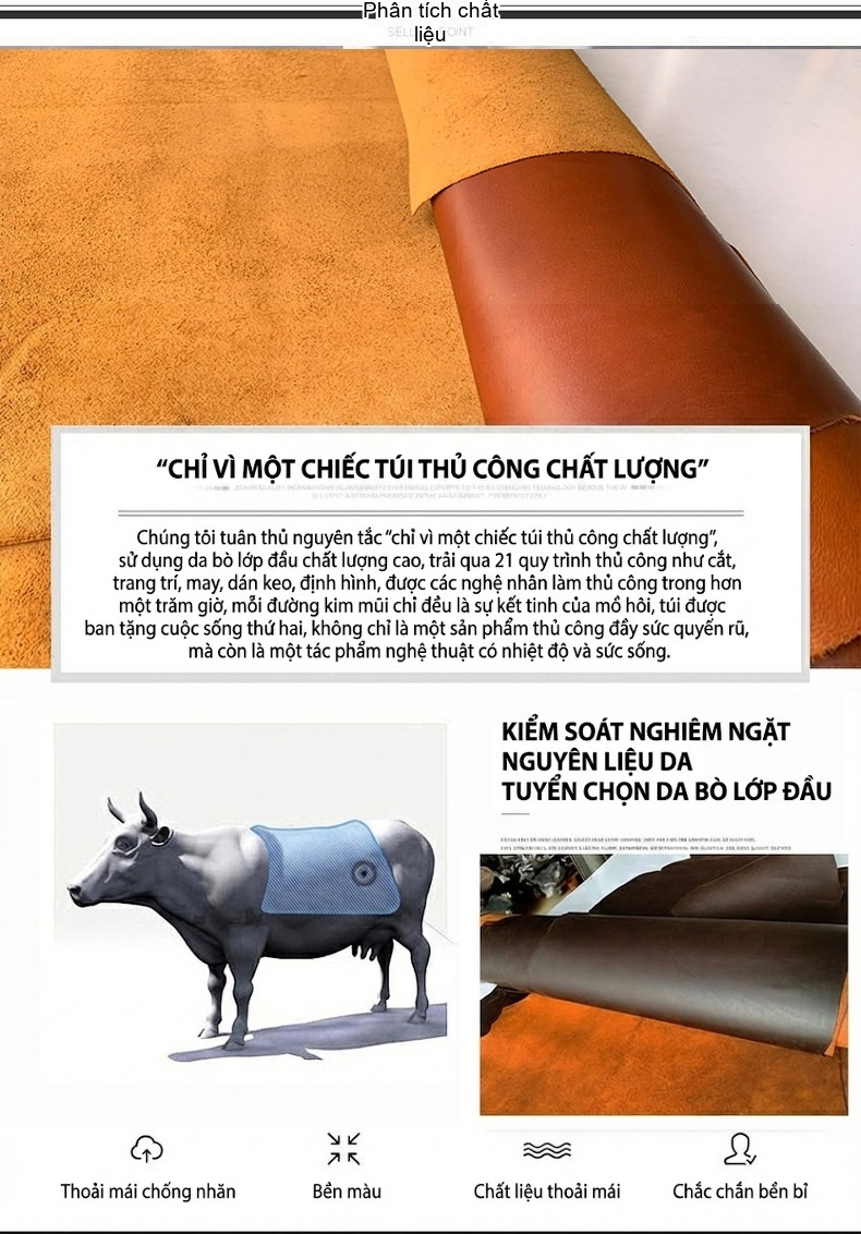Túi Xách Tay Nam Da Bò Dáng Ngang Đựng Tài Liệu Công Sở Có Dây Đeo Chéo Màu Nâu chi tiết 2