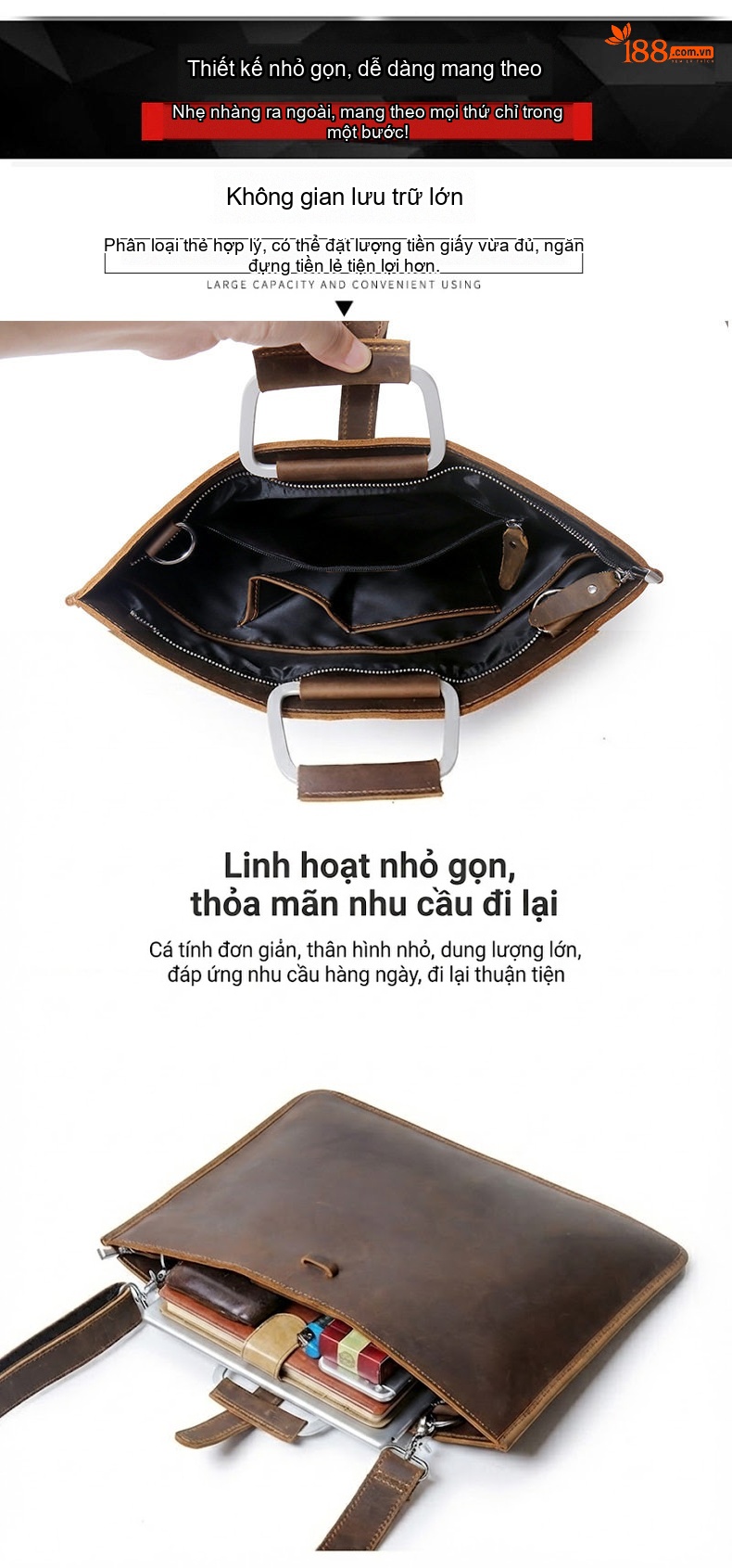 Túi Xách Tay Nam Da Bò Dáng Ngang Đựng Tài Liệu Công Sở Có Dây Đeo Chéo Màu Nâu chi tiết 8