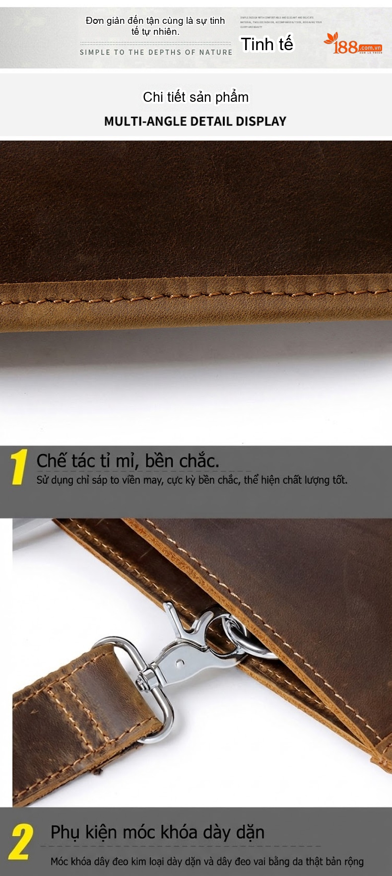 Túi Xách Tay Nam Da Bò Dáng Ngang Đựng Tài Liệu Công Sở Có Dây Đeo Chéo Màu Nâu chi tiết 18