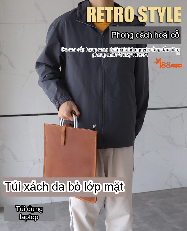 Túi Xách Tay Nam Da Bò Dáng Ngang Đựng Tài Liệu Công Sở Có Dây Đeo Chéo Màu Nâu chi tiết 1