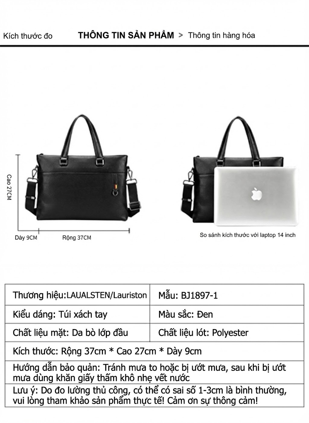 Túi Xách Tay Nam Da Bò Đựng Laptop 14 Inch Công Sở Cỡ Lớn Màu Đen chi tiết 8