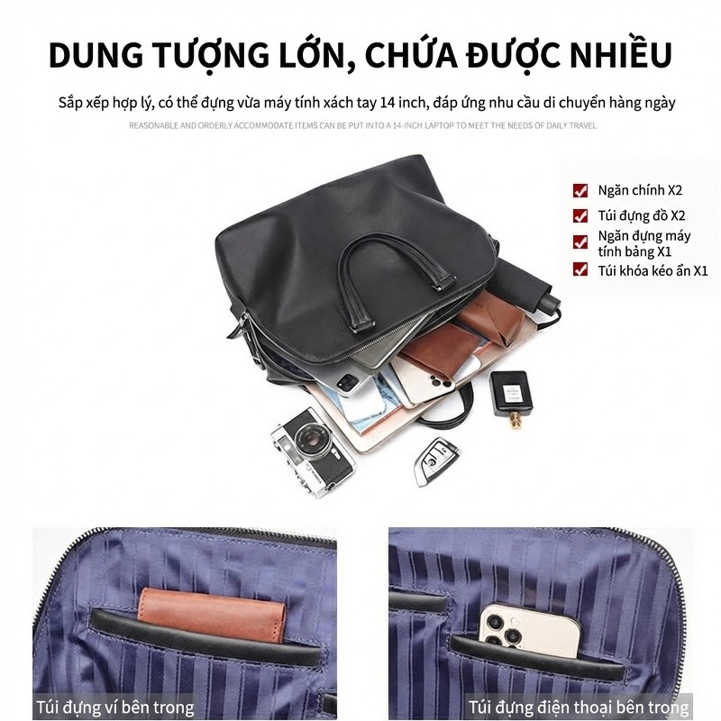 Túi Xách Tay Nam Da Bò Đựng Laptop 14 Inch Công Sở Màu Đen