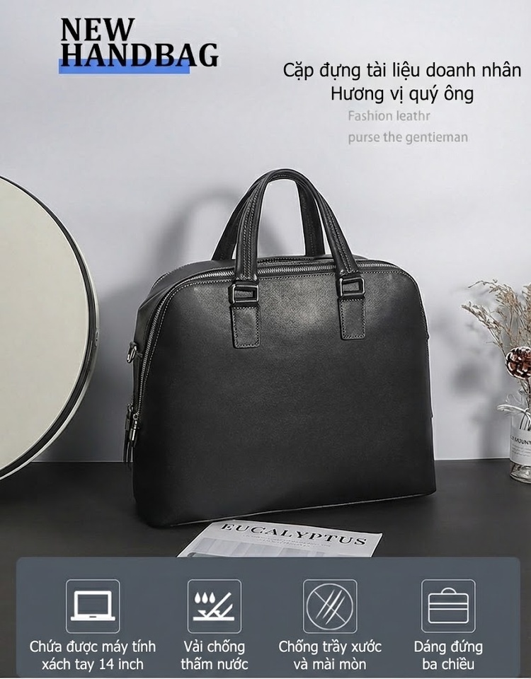 Túi Xách Tay Nam Da Bò Đựng Laptop 14 Inch Công Sở Màu Đen chi tiết 2