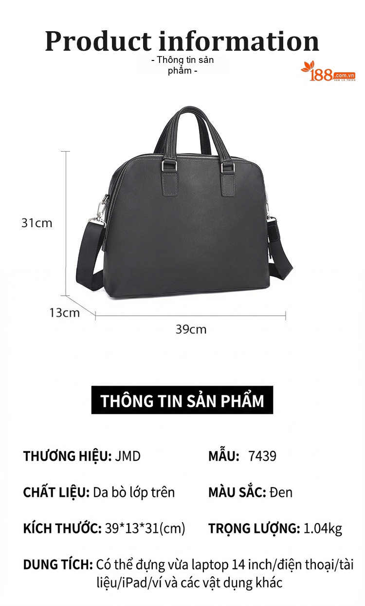 Túi Xách Tay Nam Da Bò Đựng Laptop 14 Inch Công Sở Màu Đen chi tiết 1