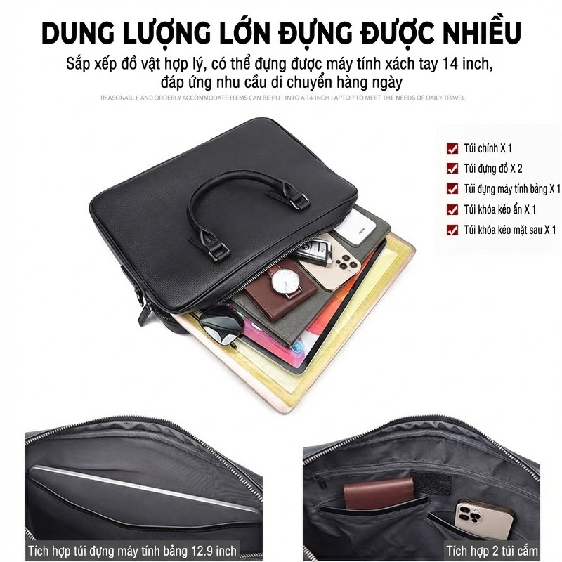 Túi Xách Tay Nam Da Bò Đựng Laptop A4 Công Sở Màu Đen