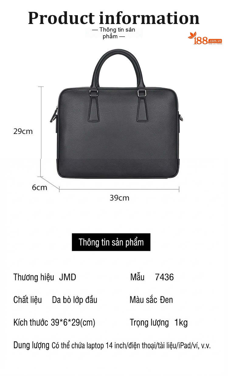 Túi Xách Tay Nam Da Bò Đựng Laptop A4 Công Sở Màu Đen chi tiết 10