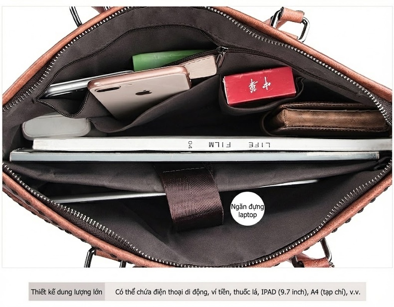 Túi Xách Tay Nam Da Bò Đựng Laptop Công Sở Vintage Màu Nâu chi tiết 25