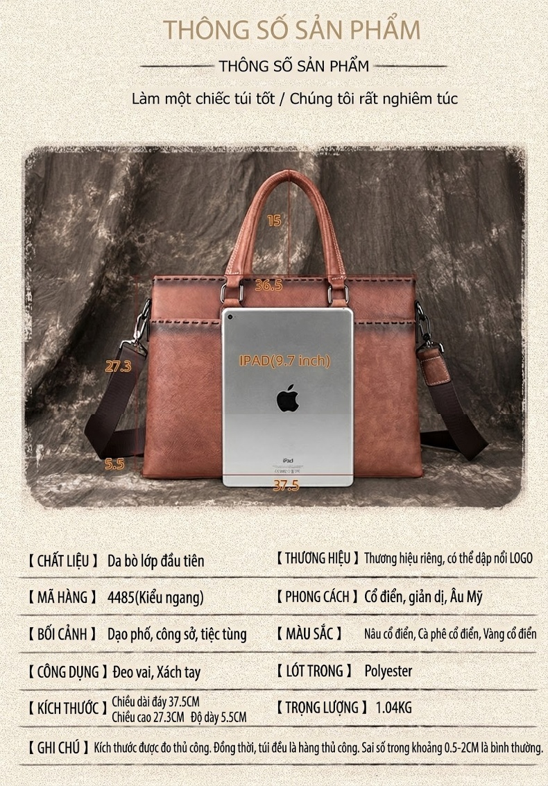Túi Xách Tay Nam Da Bò Đựng Laptop Công Sở Vintage Màu Nâu chi tiết 4