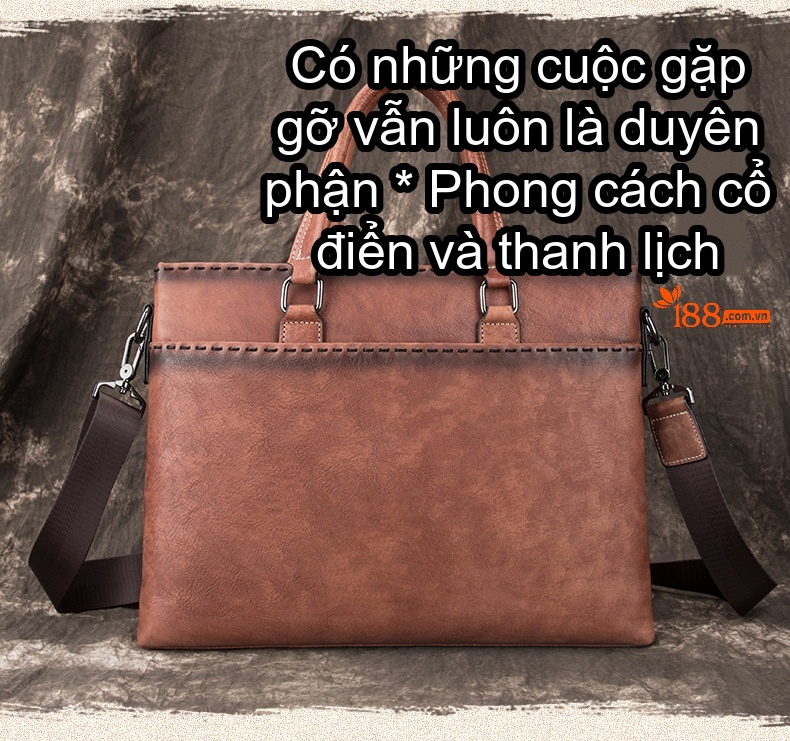 Túi Xách Tay Nam Da Bò Đựng Laptop Công Sở Vintage Màu Nâu chi tiết 1