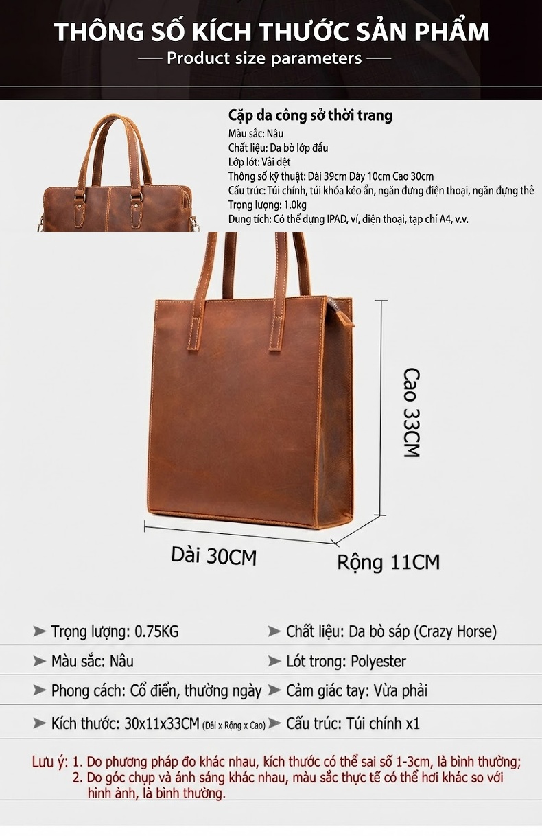 Túi Xách Tay Nam Da Bò Lớn Phong Cách Retro Màu Nâu, Đen chi tiết 4
