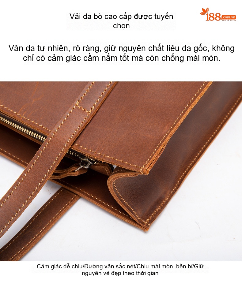 Túi Xách Tay Nam Da Bò Lớn Phong Cách Retro Màu Nâu, Đen chi tiết 2