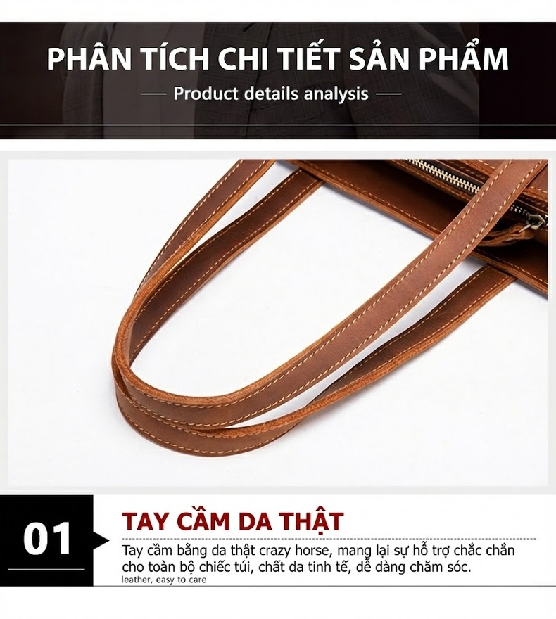 Túi Xách Tay Nam Da Bò Lớn Phong Cách Retro Màu Nâu, Đen chi tiết 6