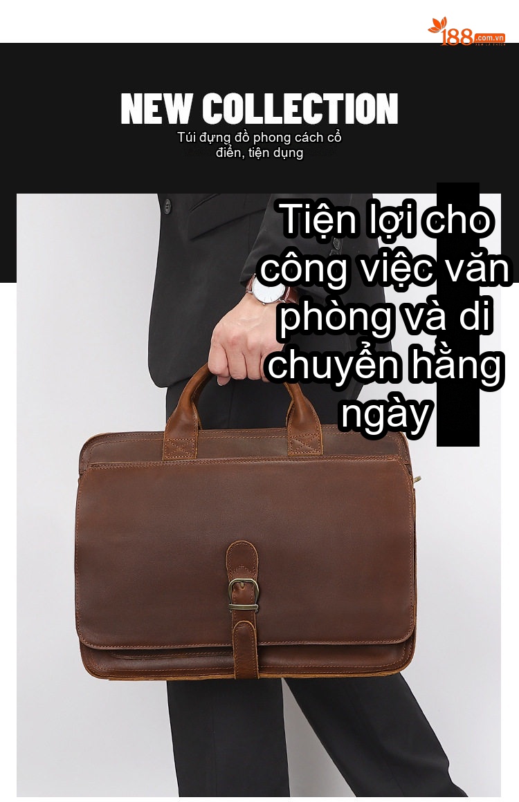 Túi Xách Tay Nam Da Bò Sáp Ngang Kiểu Cổ Điển Âu Mỹ Màu Nâu chi tiết 1