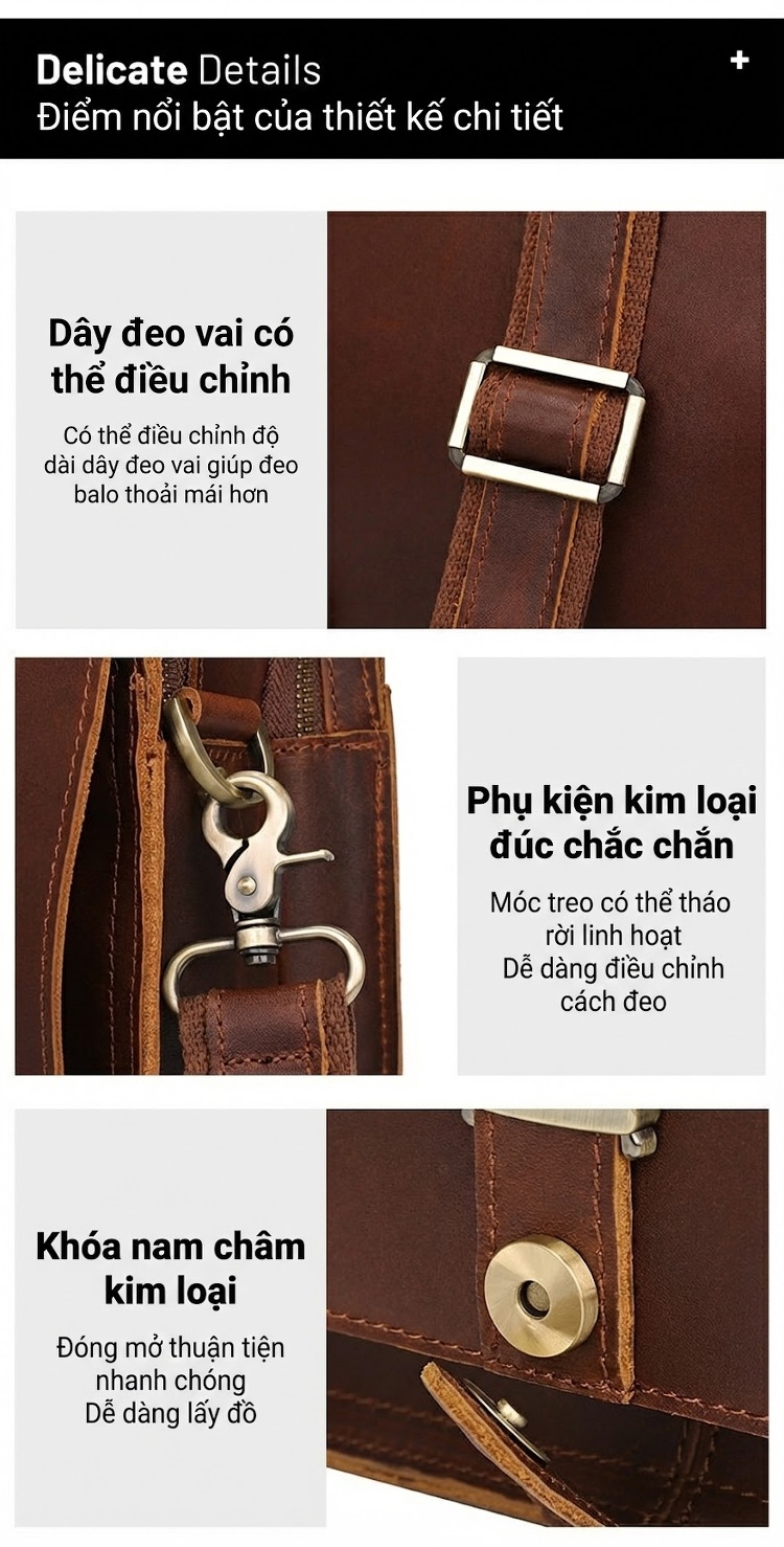 Túi Xách Tay Nam Da Bò Sáp Ngang Kiểu Cổ Điển Âu Mỹ Màu Nâu chi tiết 4