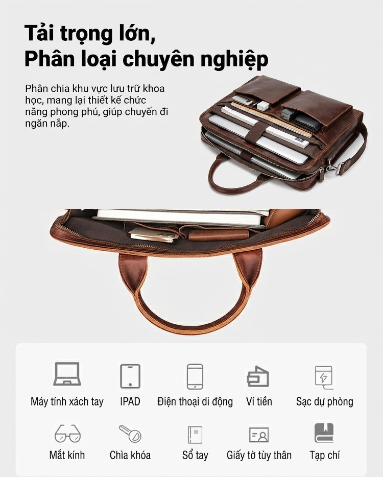 Túi Xách Tay Nam Da Bò Sáp Ngang Kiểu Cổ Điển Âu Mỹ Màu Nâu chi tiết 7